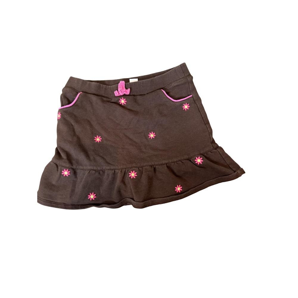 Hartstrings Skort Girls 10 Brown Pink Floral Embroidered Ruffle Hem Bow Pockets